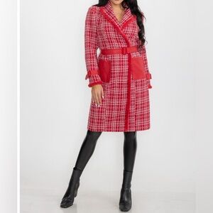 Red Plaid Long Coat with Belt